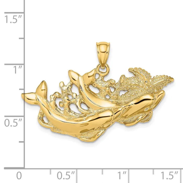 Goldia 14k Yellow Gold Polished and Textured Dolphins Swimming wStarfish Pendant Necklaces