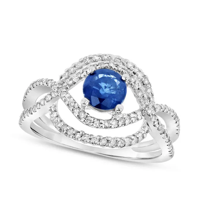 Goldia 55mm Blue Sapphire and 033 CT TW Natural Diamond Orbit Ring in Solid 14K White Gold Rings