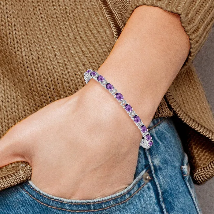 goldiaca Bracelets 14k White Gold Oval Amethyst and Natural Diamond Bracelet