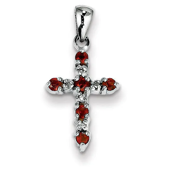 Goldiacom Necklaces 14k White Gold Garnet and Diamond Cross Pendant