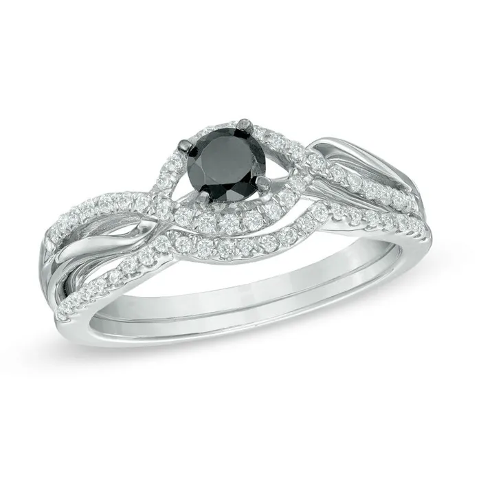 Goldiacom Rings 12 CT Black and White Diamond Bypass Bridal Engagement Ring Set in Sterling Silver