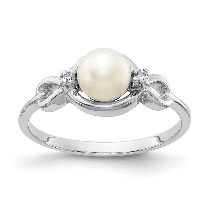 Goldiacom Rings 14k White Gold FW Cultured Pearl Real Diamond Ring