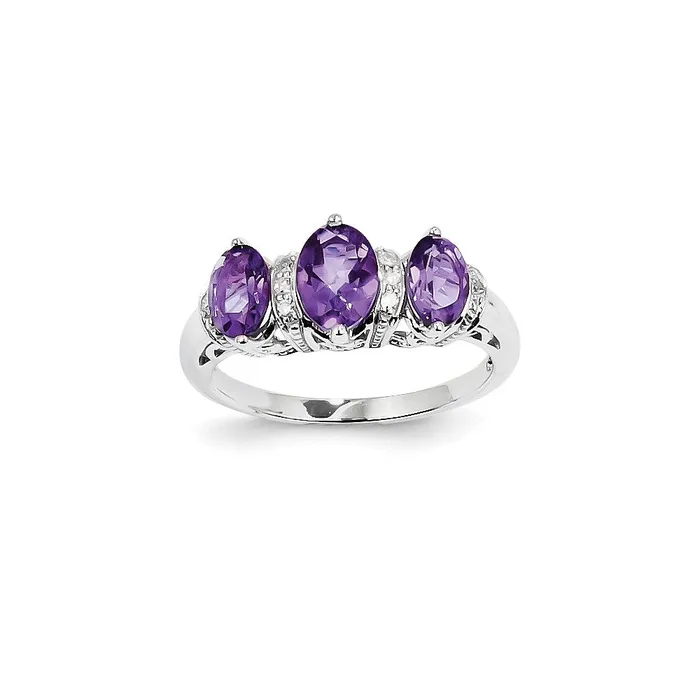 Goldiacom Rings 14K White Gold Real Diamond and Amethyst Oval Ring