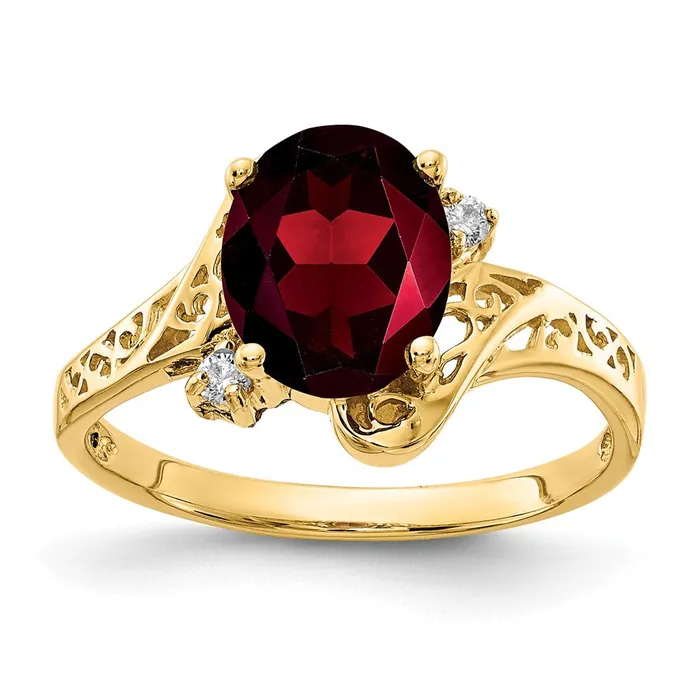 Goldiacom Rings 14K Yellow Gold 9x7mm Oval Garnet Checker AA Real Diamond ring