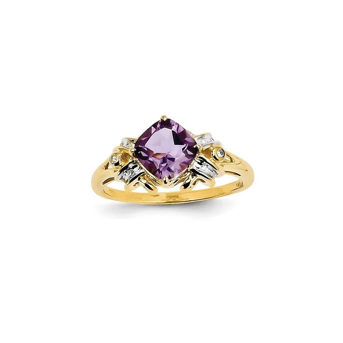 Goldiacom Rings 14K Yellow Gold Real Diamond and Amethyst Square Ring