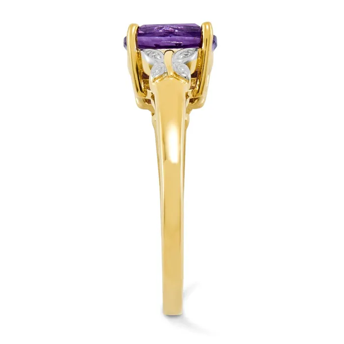 Goldiacom Rings 14K Yellow Gold Real Diamond and Amethyst Square Ring