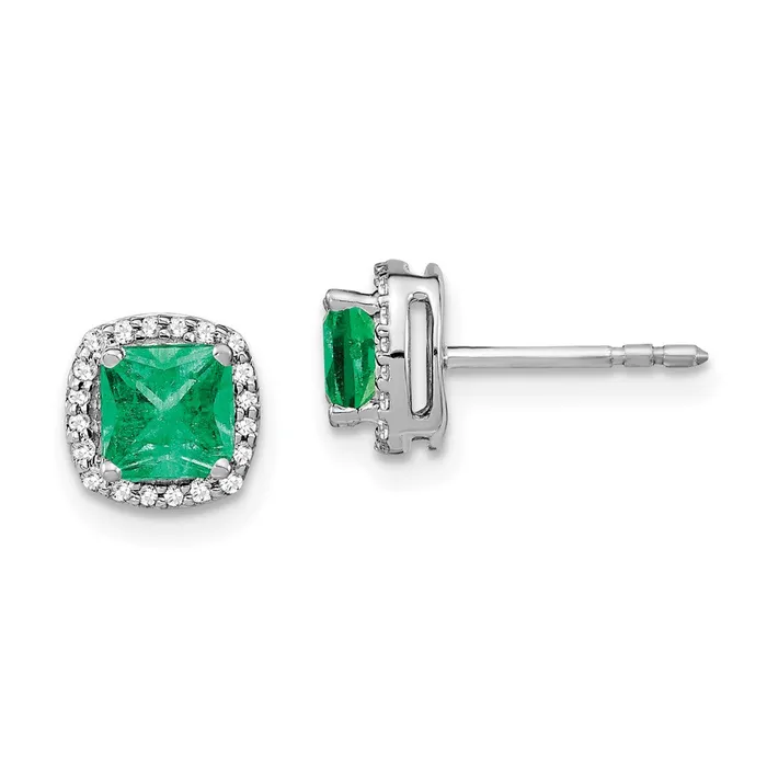 Goldia Earrings 14k White Gold Cushion Emerald and Real Diamond Halo Earrings