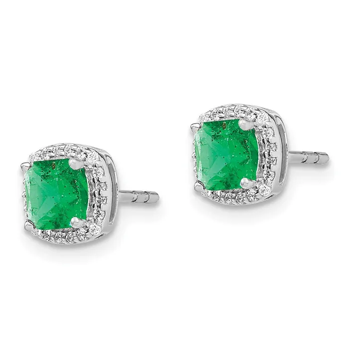 Goldia Earrings 14k White Gold Cushion Emerald and Real Diamond Halo Earrings