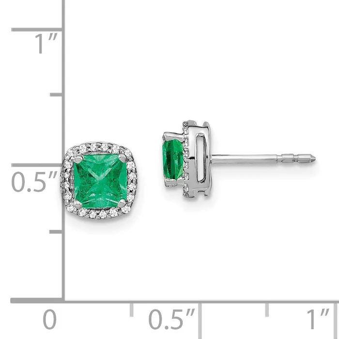 Goldia Earrings 14k White Gold Cushion Emerald and Real Diamond Halo Earrings