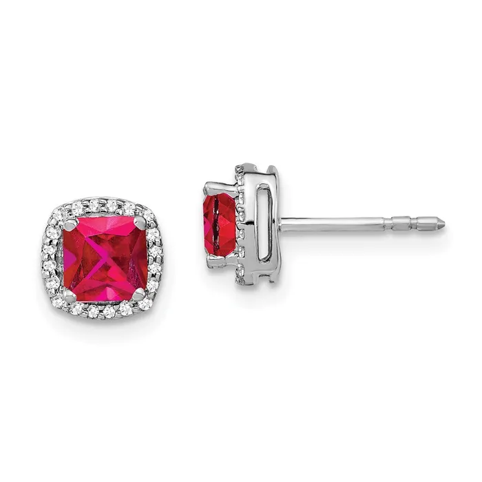Goldia Earrings 14k White Gold Cushion Ruby and Real Diamond Halo Earrings