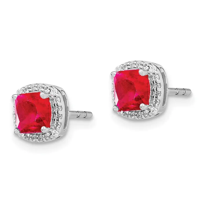 Goldia Earrings 14k White Gold Cushion Ruby and Real Diamond Halo Earrings