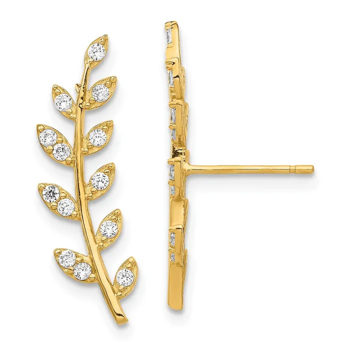 Goldia Earrings 14k Yellow Gold CZ Fern Ear Climber Earrings