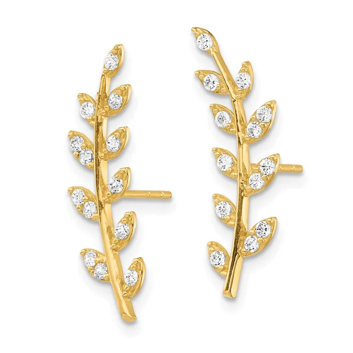 Goldia Earrings 14k Yellow Gold CZ Fern Ear Climber Earrings