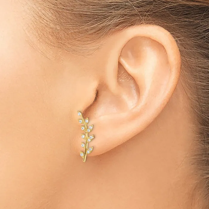 Goldia Earrings 14k Yellow Gold CZ Fern Ear Climber Earrings