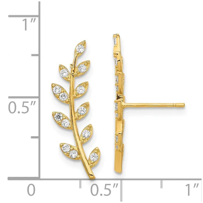 Goldia Earrings 14k Yellow Gold CZ Fern Ear Climber Earrings