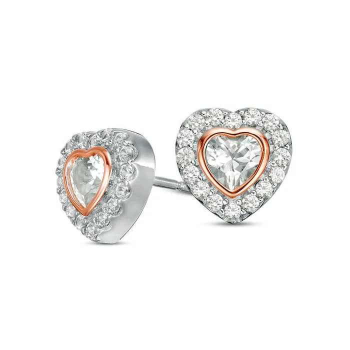 Goldia Earrings 40mm LabCreated White Sapphire Framed Heart Stud Earrings in Sterling Silver and 14K Rose Gold Plate