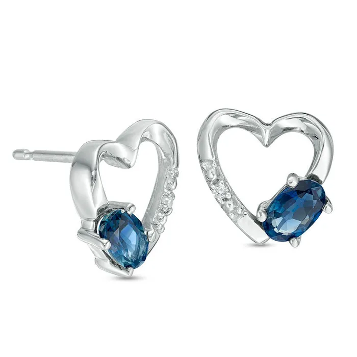 Goldia Earrings Oval Blue Sapphire and Diamond Accent Heart Stud Earrings in 10K White Gold