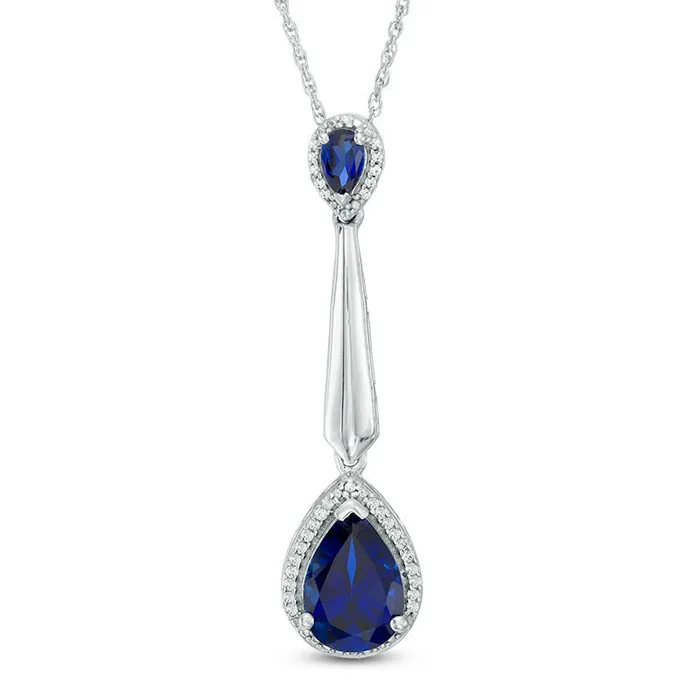 Goldia Earrings PearShaped LabCreated Blue Sapphire and 01 CT TW Diamond Frame Drop Pendant in Sterling Silver