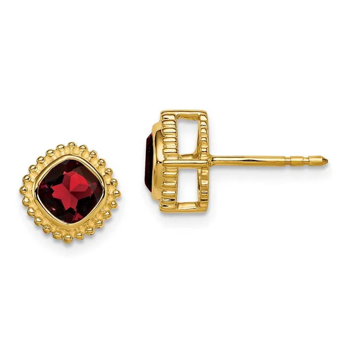 Goldia Earrings Solid 14k Yellow Gold Cushion Simulated Garnet Earrings