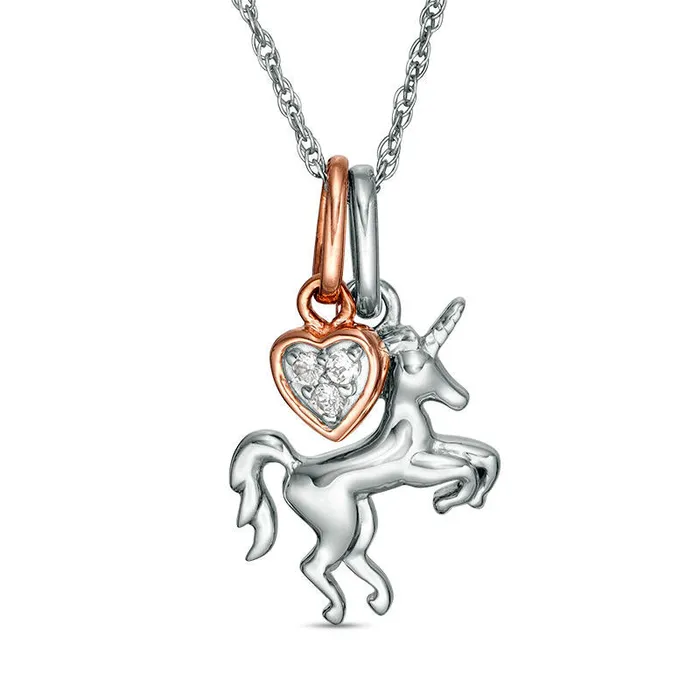 Goldia Necklaces 005 CT TW Natural Diamond Unicorn and Heart Charms Pendant in Sterling Silver and 10K Rose Gold