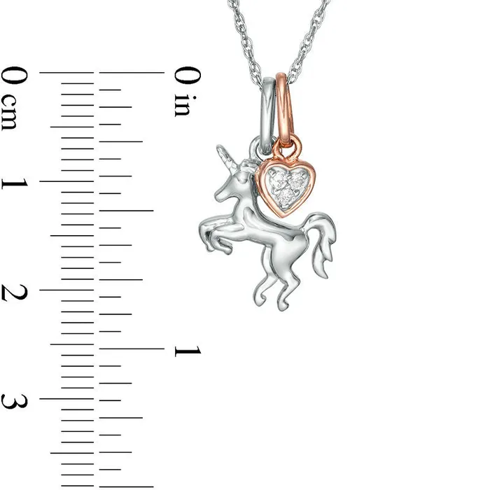 Goldia Necklaces 005 CT TW Natural Diamond Unicorn and Heart Charms Pendant in Sterling Silver and 10K Rose Gold