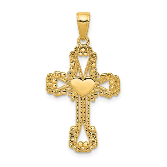 Goldia Necklaces 14k Yellow Gold Beaded Cross with Heart Pendant