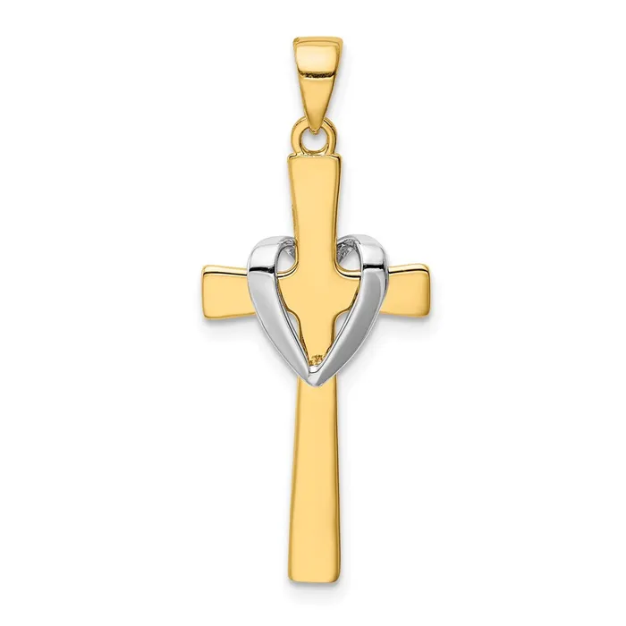 Goldia Necklaces 14k Yellow Rhodium Gold wRhodium Polished Heart Cross Pendant