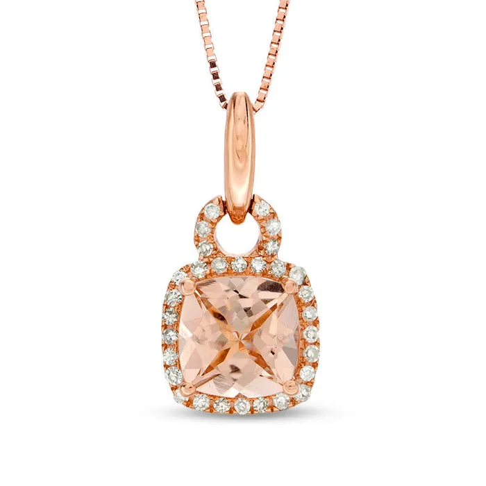 Goldia Necklaces 60mm CushionCut Morganite and 01 CT TW Natural Diamond Frame Buckle Pendant in 10K Rose Gold