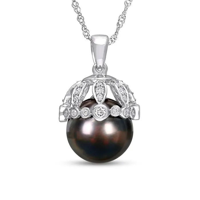 Goldia Necklaces 9095mm Black Cultured Tahitian Pearl and 025 CT TW Natural Diamond Crown Pendant in 14K White Gold 17