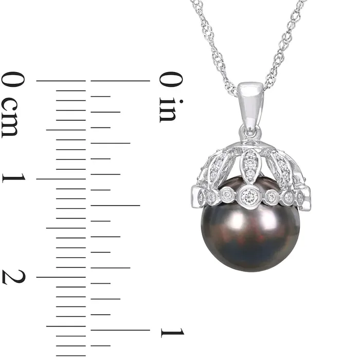 Goldia Necklaces 9095mm Black Cultured Tahitian Pearl and 025 CT TW Natural Diamond Crown Pendant in 14K White Gold 17