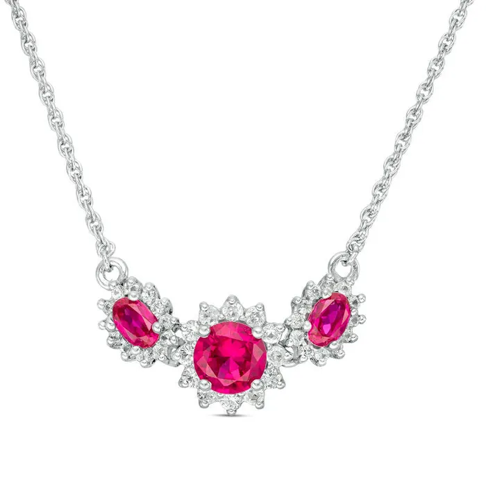 Goldia Necklaces Oval and Round LabCreated Ruby and White Sapphire Sunburst Frame Three Stone Necklace in Sterling Silver