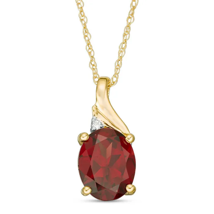 Goldia Necklaces Oval Garnet and Natural Diamond Accent Swirl Top Pendant in 10K Yellow Gold