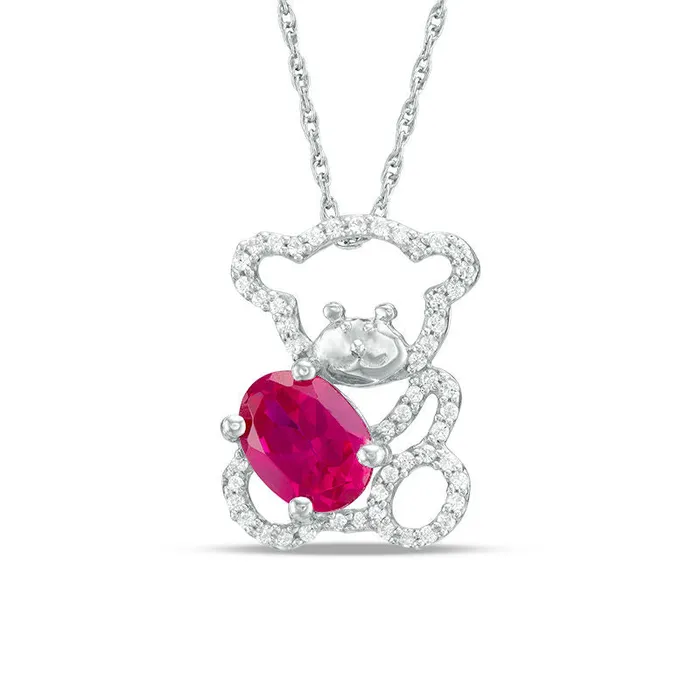 Goldia Necklaces Oval LabCreated Ruby and 02 CT TW Diamond Teddy Bear Pendant in Sterling Silver