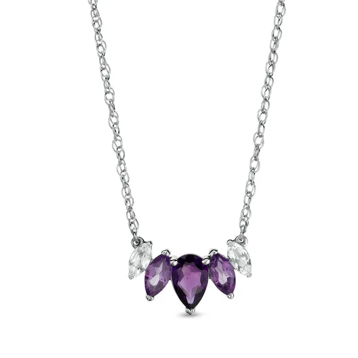 Goldia Necklaces PearShaped and Marquise Amethyst and White LabCreated Sapphire Graduated Five Stone Curved Necklace in Sterling Silver