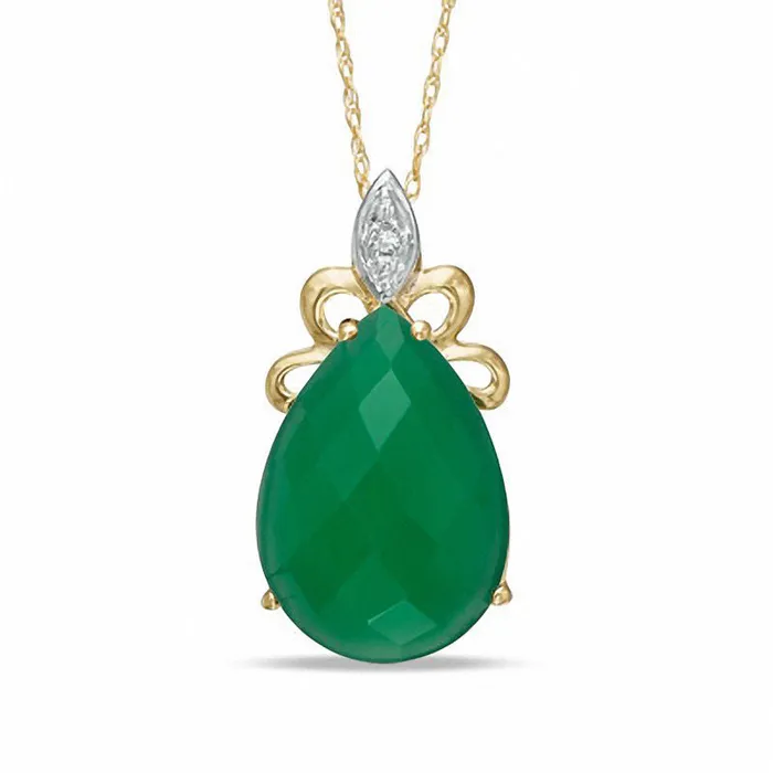 Goldia Necklaces PearShaped Green Chalcedony and Natural Diamond Accent Pendant in 10K Yellow Gold