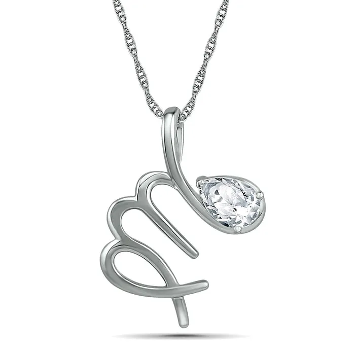 Goldia Necklaces PearShaped White LabCreated Sapphire Virgo Zodiac Sign Pendant in Sterling Silver