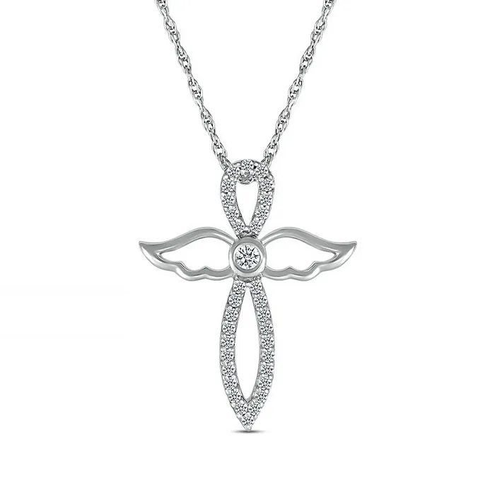 Goldia Necklaces White LabCreated Sapphire Angel Wing Cross Pendant in Sterling Silver