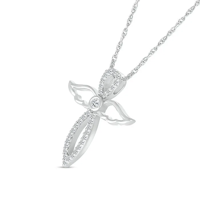 Goldia Necklaces White LabCreated Sapphire Angel Wing Cross Pendant in Sterling Silver