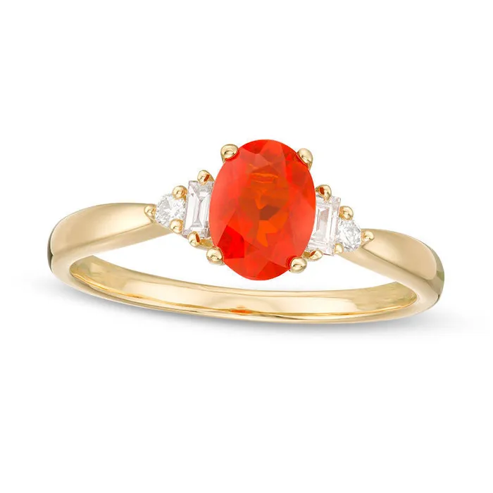 Goldia Oval Fire Opal and 010 CT TW Baguette Natural Diamond Ring in Solid 14K Gold Rings