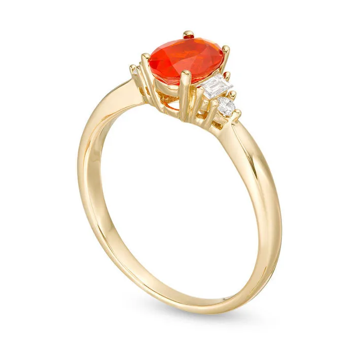 Goldia Oval Fire Opal and 010 CT TW Baguette Natural Diamond Ring in Solid 14K Gold Rings