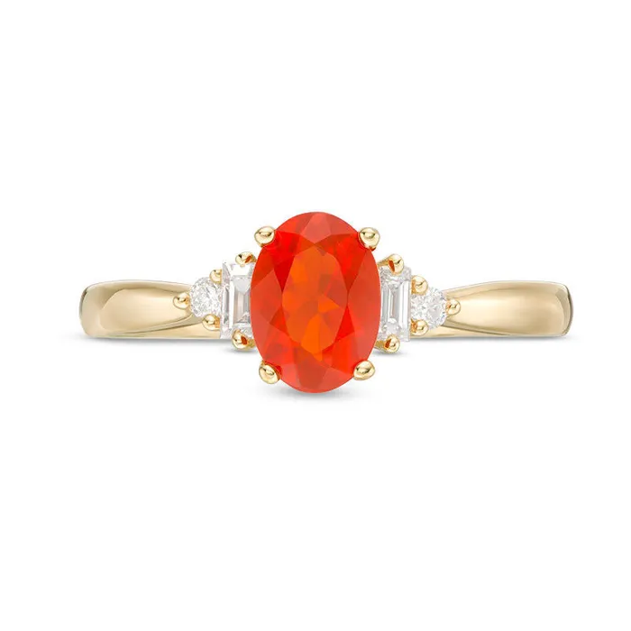 Goldia Oval Fire Opal and 010 CT TW Baguette Natural Diamond Ring in Solid 14K Gold Rings