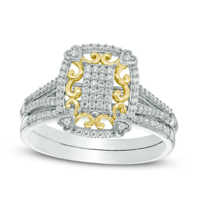 Goldia Rings 025 CT TW Composite Natural Diamond Rectangle Frame Filigree Bridal Engagement Ring Set in Solid 10K TwoTone Gold