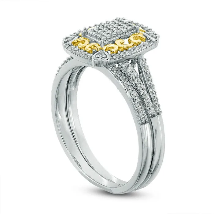 Goldia Rings 025 CT TW Composite Natural Diamond Rectangle Frame Filigree Bridal Engagement Ring Set in Solid 10K TwoTone Gold