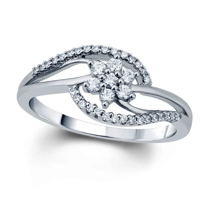 Goldia Rings 025 CT TW Natural Diamond Flower Cluster Swirl Bypass Promise Ring in Solid 10K White Gold