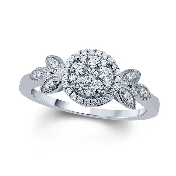 Goldia Rings 033 CT TW Composite Natural Diamond Frame Petal TriSides Antique VintageStyle Engagement Ring in Solid 10K White Gold