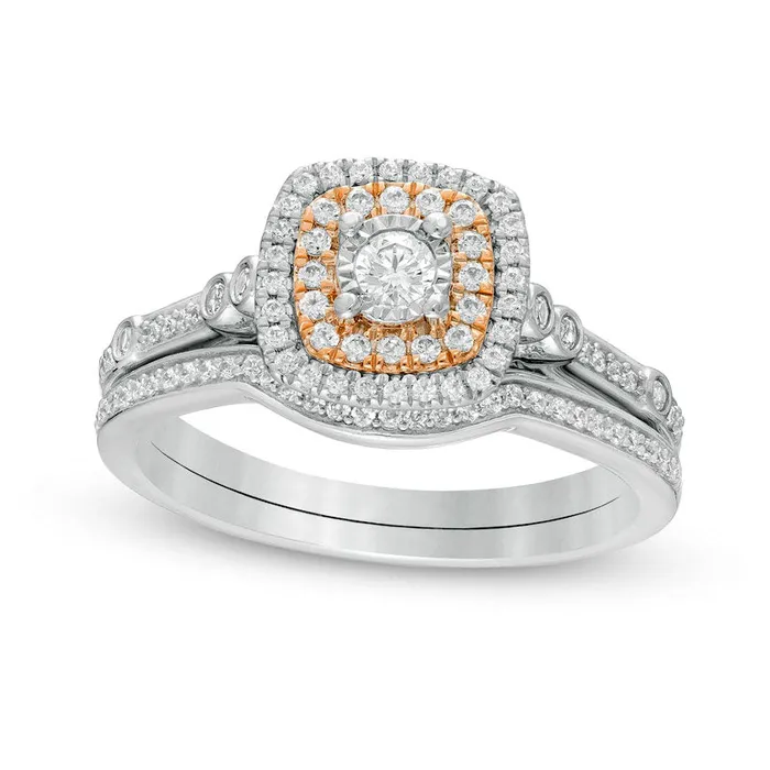 Goldia Rings 038 CT TW Composite Natural Diamond Double Cushion Frame Bridal Engagement Ring Set in Solid 10K TwoTone Gold