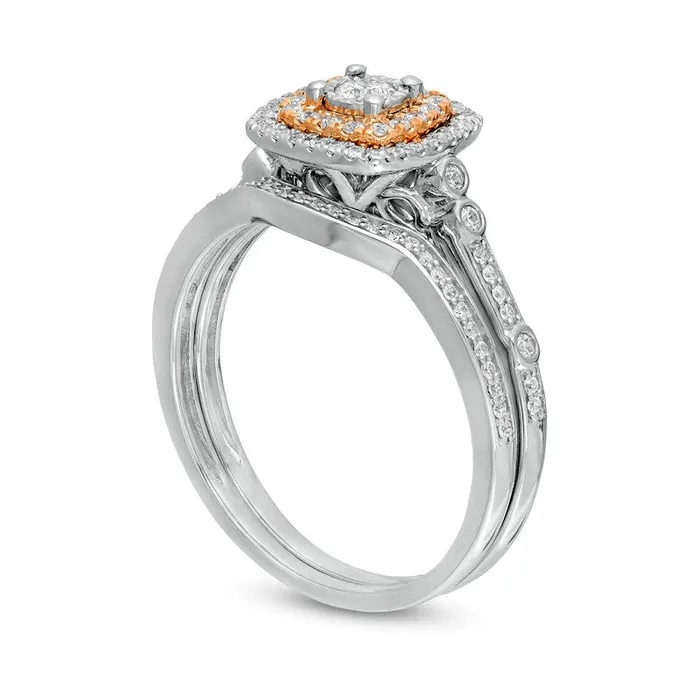 Goldia Rings 038 CT TW Composite Natural Diamond Double Cushion Frame Bridal Engagement Ring Set in Solid 10K TwoTone Gold