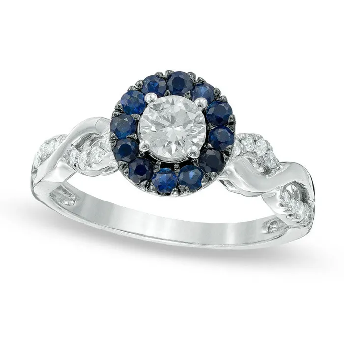 Goldia Rings 050 CT TW Natural Diamond and Blue Sapphire Frame Ring in Solid 14K White Gold