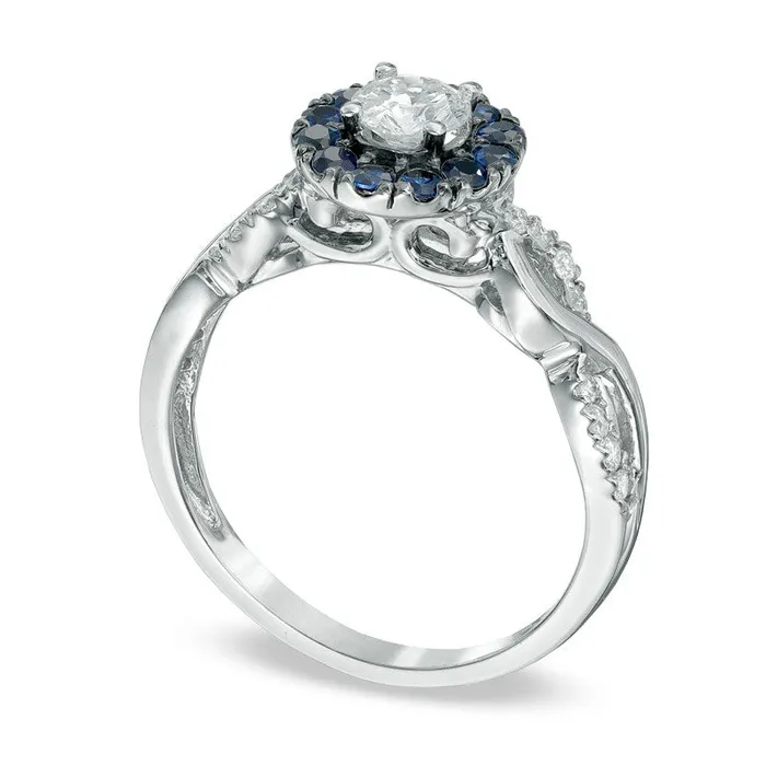 Goldia Rings 050 CT TW Natural Diamond and Blue Sapphire Frame Ring in Solid 14K White Gold