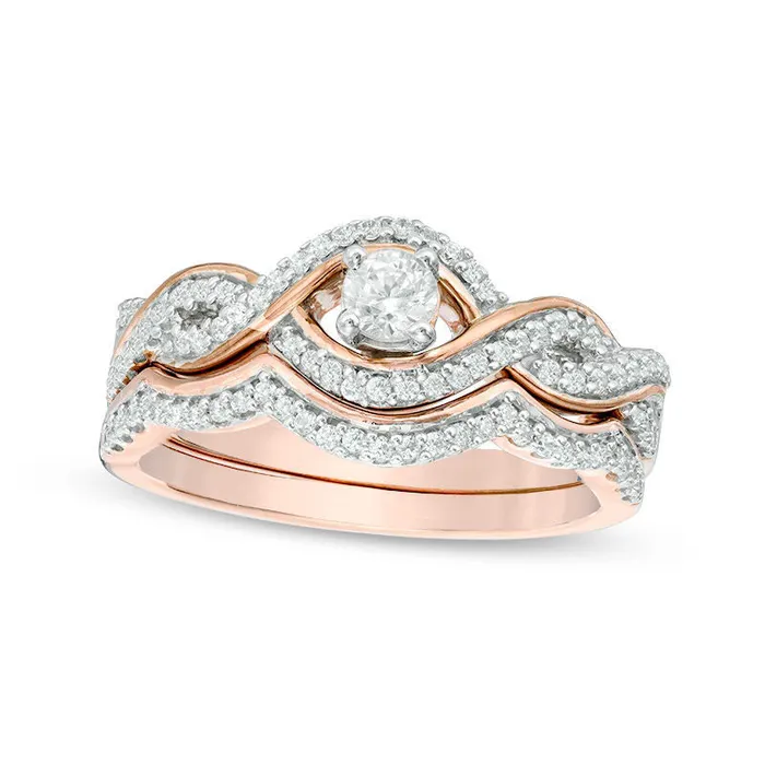 Goldia Rings 050 CT TW Natural Diamond Bypass Frame Twist Bridal Engagement Ring Set in Solid 10K Rose Gold